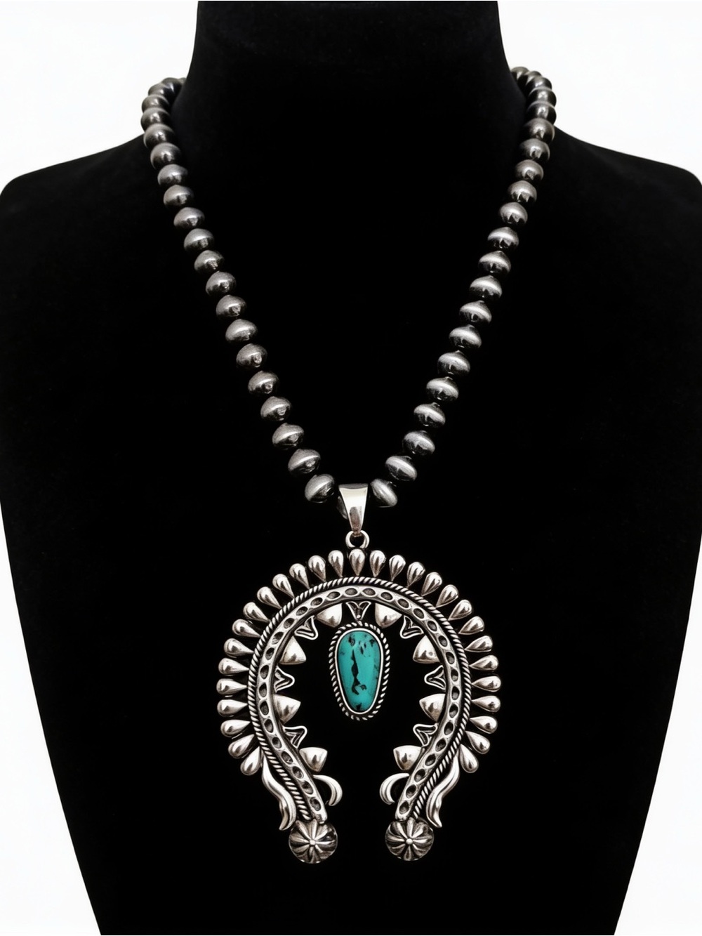 Silver squash blossom horseshoe pendant statement necklace, faux Navajo pearls